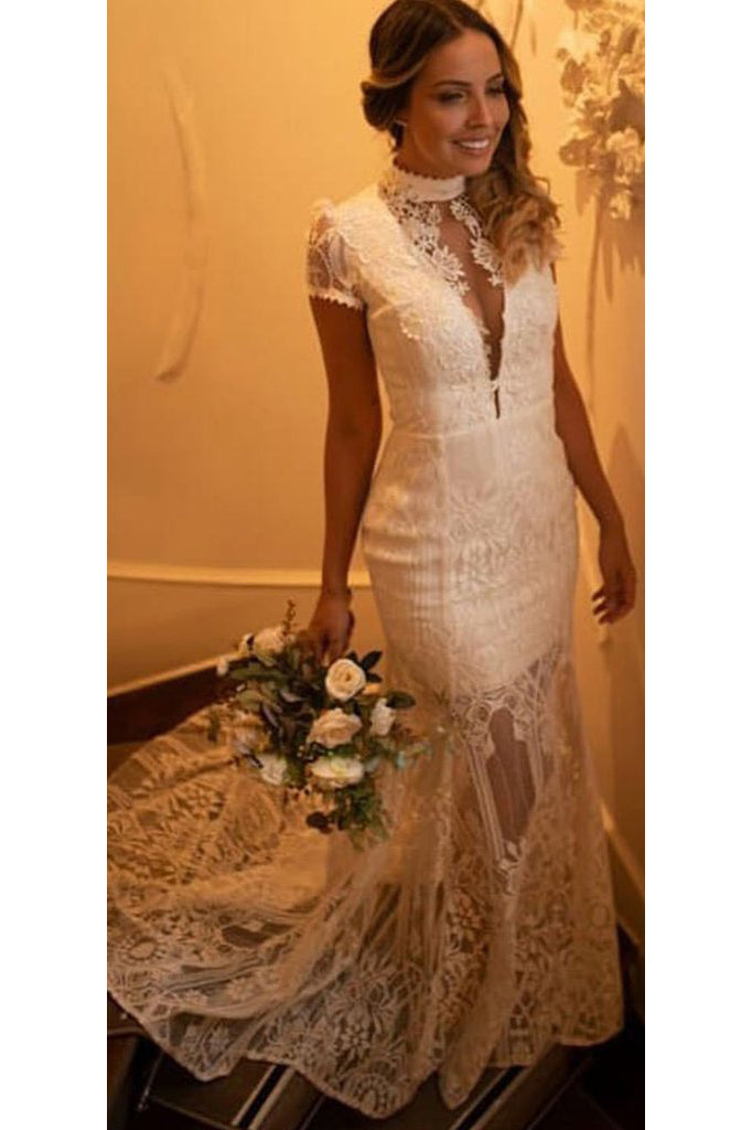 Vintage High Neck Lace Wedding Dresses with Short Sleeves See Through Bridal Dresses N1786