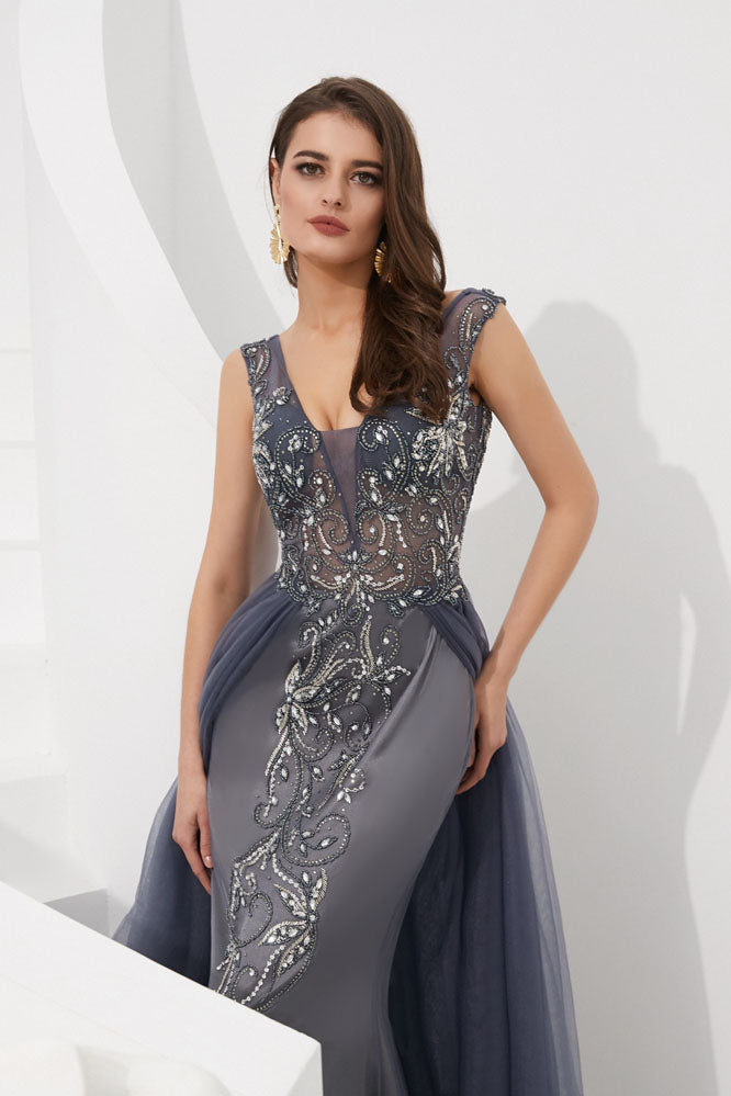 Luxury Gray V-Neck Sleeveless Tulle Long Prom Dresses with Beads Crystal N2283