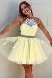 Daffodil Halter Homecoming Dress with Lace Appliques, A Line Graduation Dress with Beads N2161