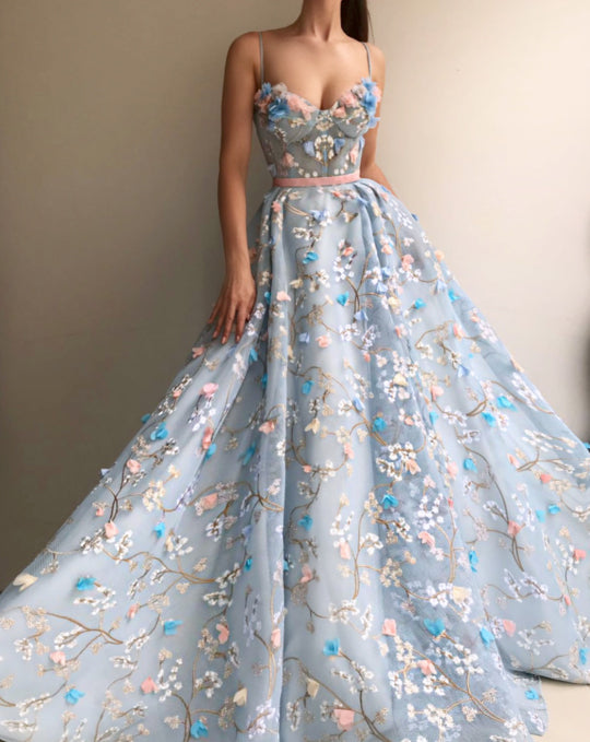 Spaghetti Strap Sweetheart Prom Dresses with Flowers Gorgeous Formal Dresses N1367