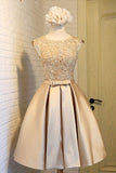 Chic Scoop Applique Satin Ruched Homecoming Dress with Belt,Short Prom Dress,Party Dress,N317