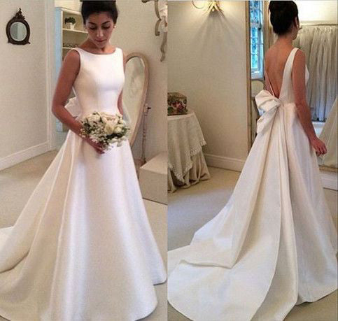 A Line Classic Satin Backless Wedding Dress with Bowknot