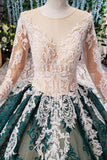Green Long Sleeves Ball Gown Lace Prom Dresses with Appliques Long Prom Gown N2198