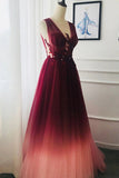 A Line V-Neck Tulle Ombre Prom Dress Appliqued Party Dress N2447
