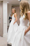 Simple A-Line Criss Cross Back Satin Wedding Dress with Pockets, Cheap Bridal Dress