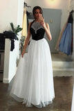 White Tulle Halter Long Prom Dress A Line Sleeveless Long Party Dress with Beading N1662