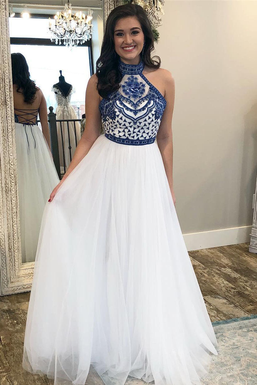 White High Neck Long Prom Dress with Royal Blue Embroidery, Charming Party Dress N1655