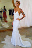 Spaghetti Strap Lace Sexy Mermaid Cheap Long Wedding Dresses, Lace Bridal Dress