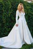 Elegant Satin Wedding Dresses V-Neck Long Sleeve Bridal Gowns Bridal Dresses N1829