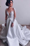Elegant Satin Sheer Neckline A-line White Wedding Dresses With Lace Appliques N1383
