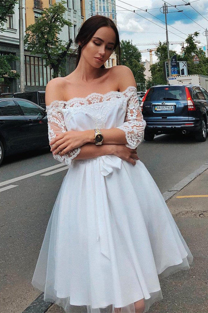 White Off the Shoulder Knee Length Tulle Homecoming Dresses with Lace N1886
