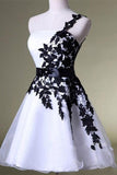 One Shoulder White Homecoming Dress with Black Lace, Knee Length Party Dress 