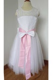 A Line Floor-length White Lace Tulle Flower Girl Dress with Pink Bow Sash
