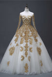 Gold Appliques Puffy Sheer Neck Long Wedding Dresses, Long Sleeves Tulle Bridal Dress N1734
