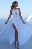 Elegant Sleeveless White Prom Dress for Teens, Sexy Split Chiffon Long Evening Dresses N1374