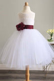 White Long Tulle Flower Girl Dress with Burgundy Sash, Puffy Sleeveless Dress with Bowknot F053