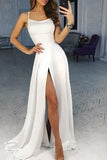 White Spaghetti Strap Split Formal Dress, Sexy Long Prom Dress with Side Slit N1613
