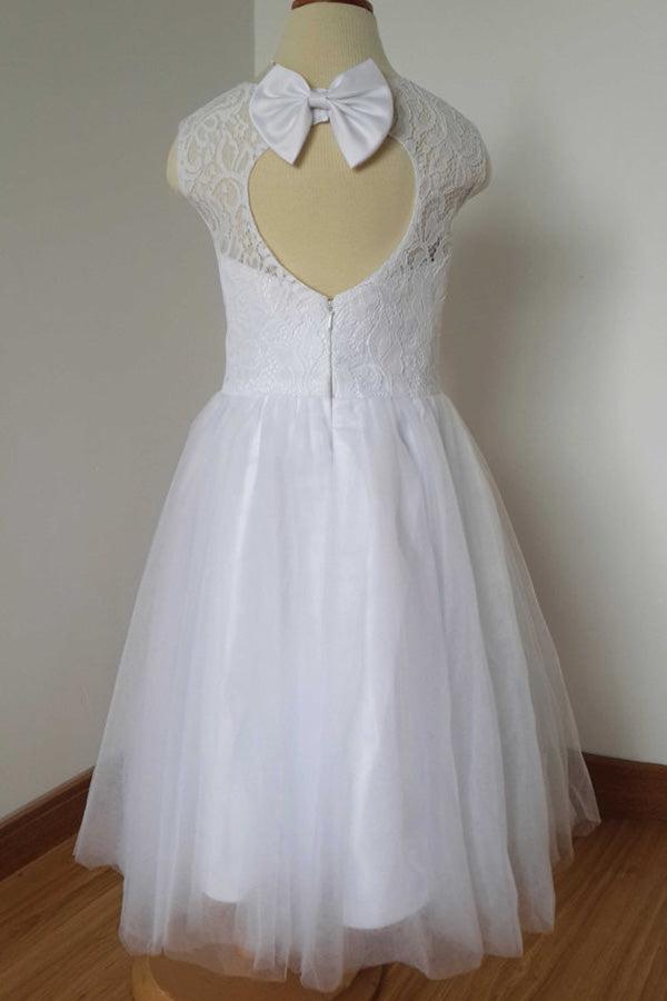 White A Line Sleeveless Tulle Flower Girl Dress with Bow, Lace Flower Girl Dresses