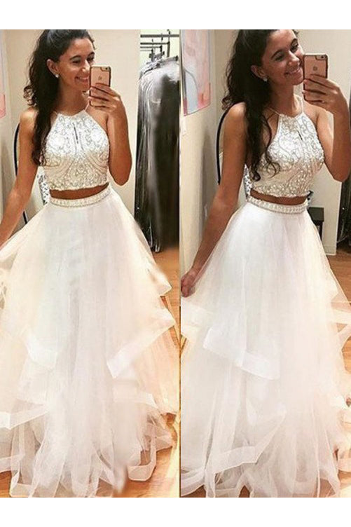 Two Piece Floor Length Prom Dresses with Beading  Prom Dresses for Teens N1423