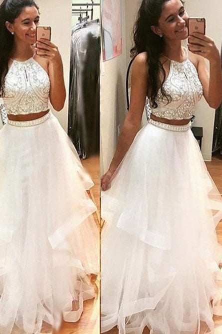 Two Piece Floor Length Prom Dresses with Beading, Cheap Prom Dress for Teens N1423