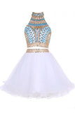 Two Piece Jewel Tulle Homecoming Dress with Beads, White Short Mini Prom Dress