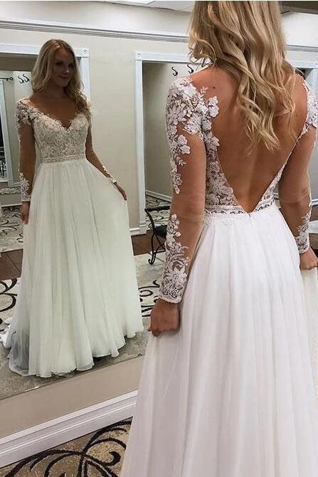 A Line Floor Length Long Sleeves V Neck Tulle Beach Wedding Dress with Lace Appliques N2420