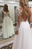 A Line Long Sleeves Lace Appliqued V Back Beach Wedding Dresses