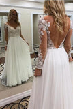 A Line Floor Length Long Sleeves V Neck Tulle Beach Wedding Dress with Lace Appliques N2420