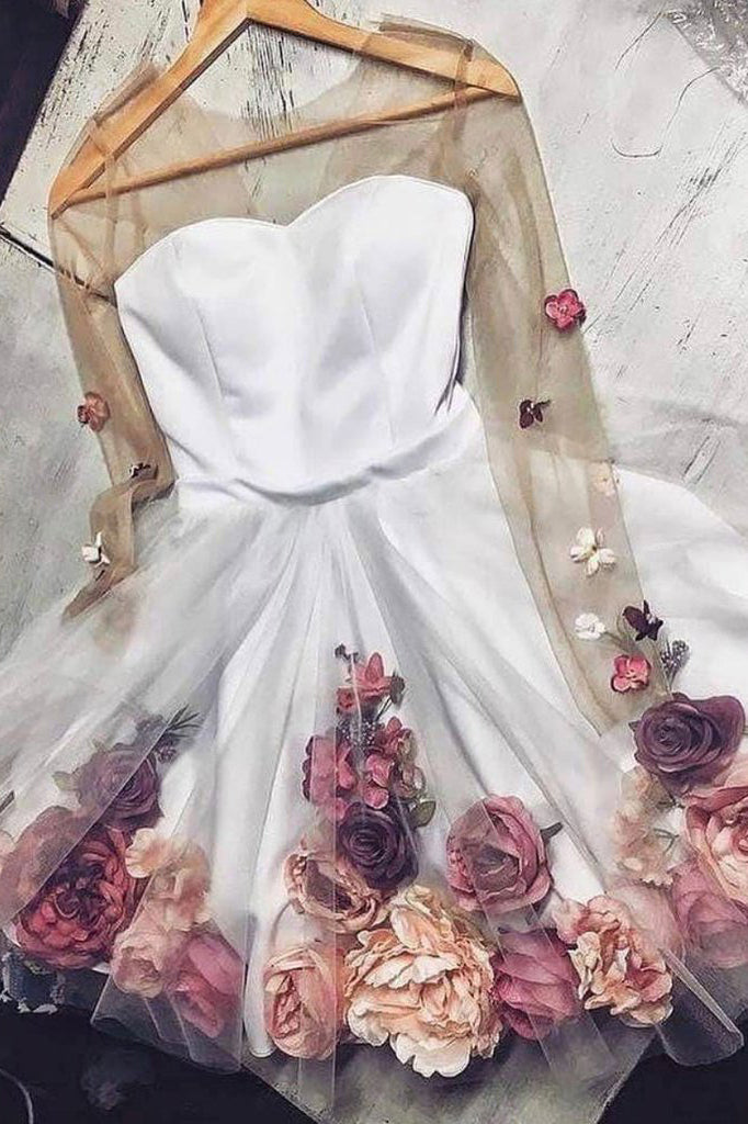 A Line V-Neck Hand-Made Flower Homecoming Dresses Unique Short Long Sleeve Prom Dresses N1841