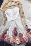 Pink V-Neck 3D Applique Short Prom Dresses Long Sleeves Homecoming Dresses N1840