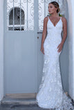 White Spaghetti Strap V Neck Mermaid Prom Dress, Sexy Backless Lace Prom Dress N1387