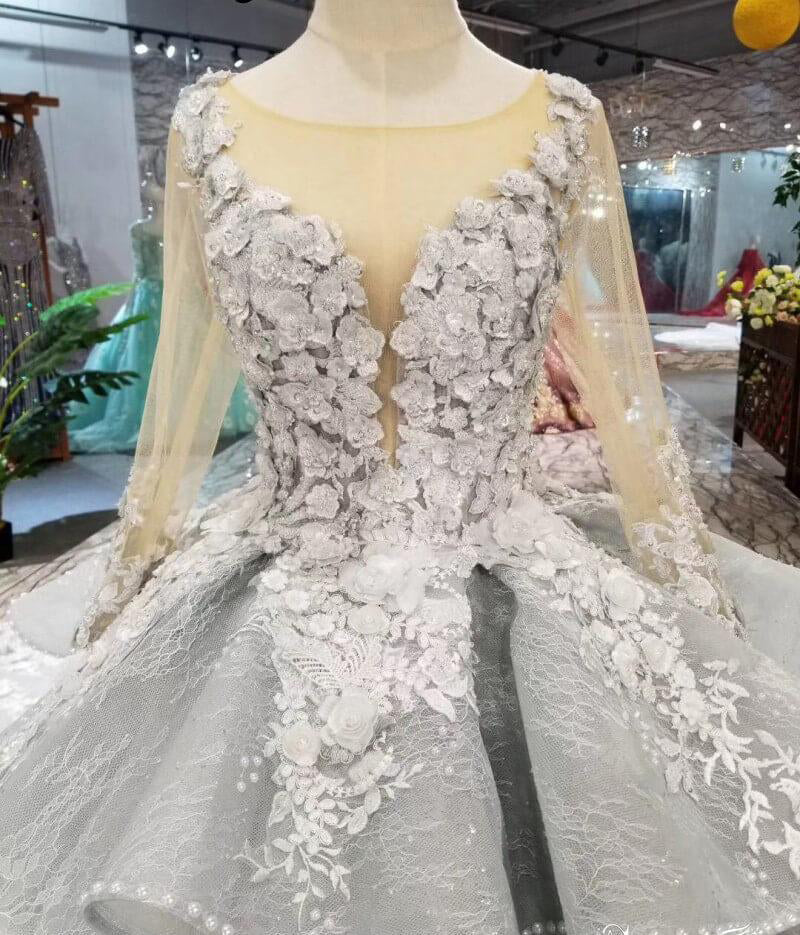 Gorgeous Long Sleeves Beaded Quinceanera Big Wedding Dresses with Flowers