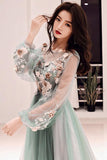 Charming A Line Long Sleeves Tulle Prom Dresses with Flowers N1758