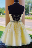 Light Yellow Halter Homecoming Dress with Lace Appliques N2132