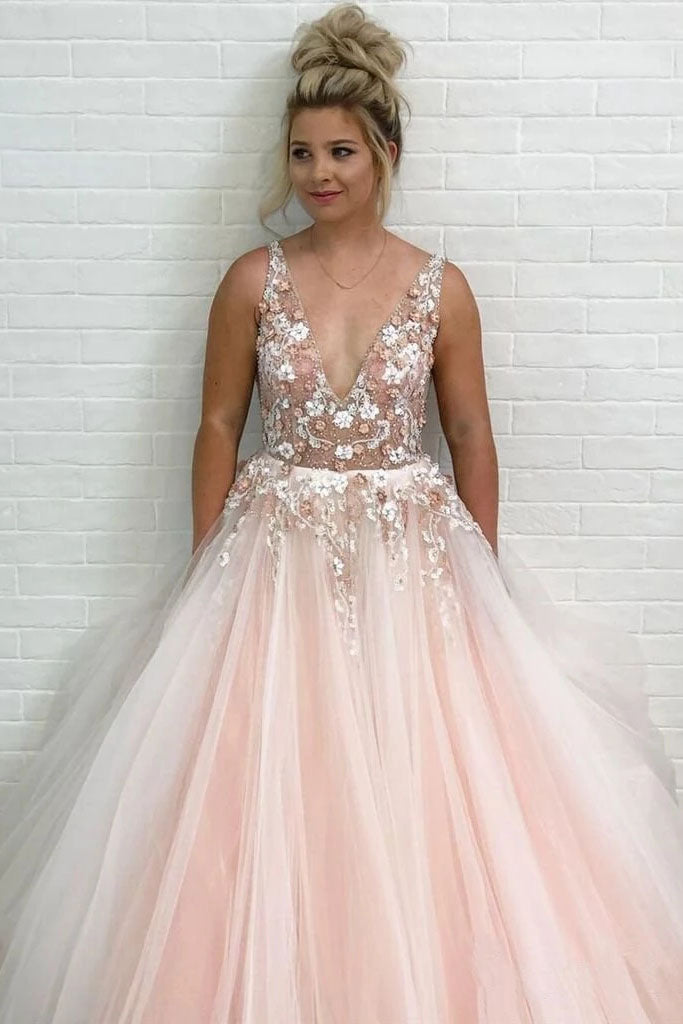 Light Pink V-Neck Sleeveless Tulle Beaded Prom Dresses with Flowers –  Simibridaldresses