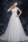 A Line Off the Shoulder Tulle Wedding Dresses with Lace Appliques Long Bridal Dresses N2293