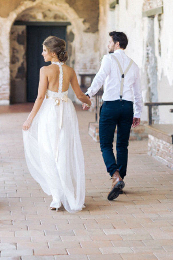 Jewel Sleeveless Lace Tulle Beach Wedding Dresses