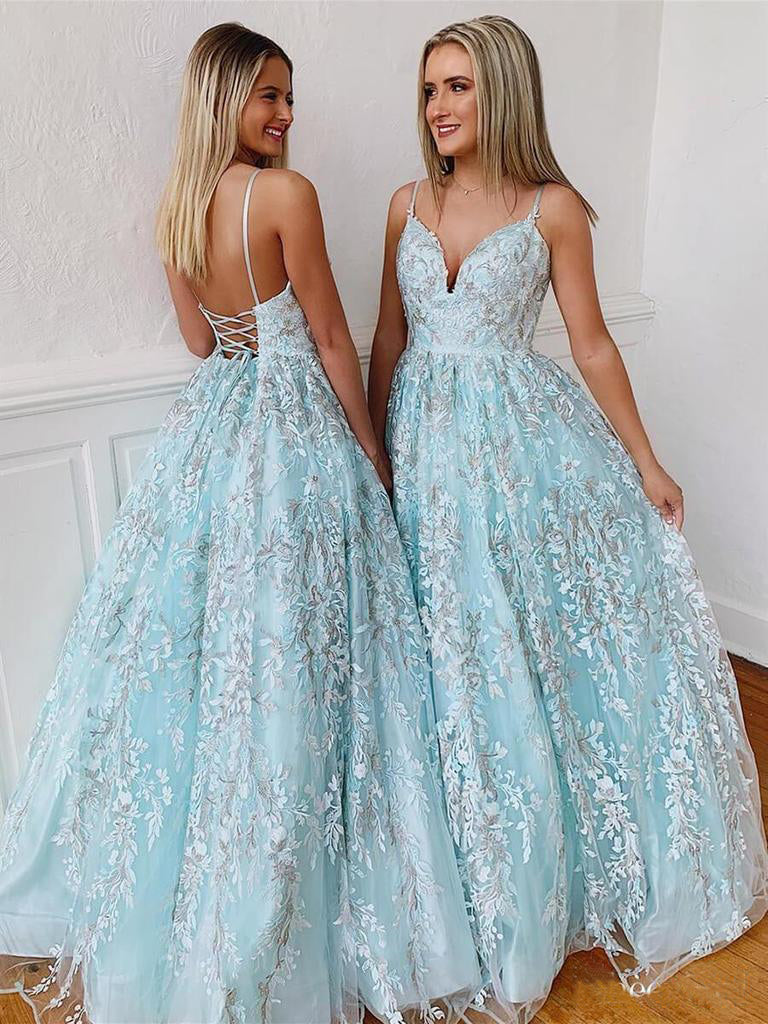 Spaghetti Strap Beaded Lace Appliques Prom Dresses