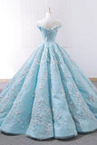Gorgeous Light Blue Off The Shoulder Lace Appliqued Ball Gown Prom Dresses
