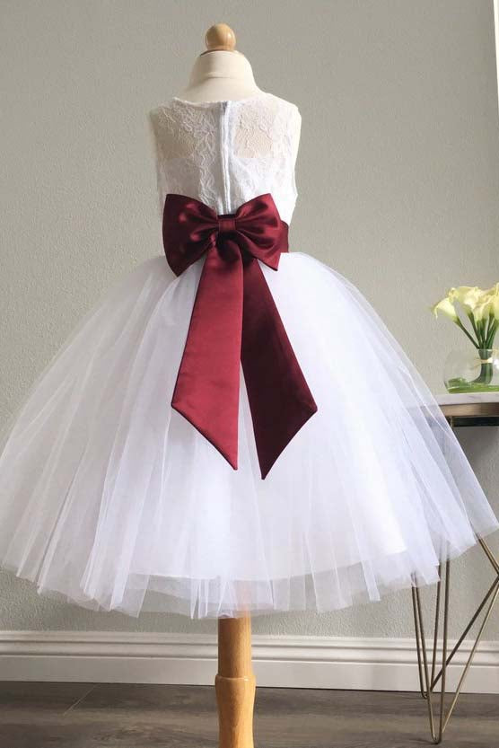 White Long Tulle Flower Girl Dresses with Burgundy Sash Puffy Sleeveless Dresses with Bowknot F053