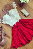 Red Lace Short Sleeve Homecoming Dress,Cheap Cocktail Dresses,Party Dresses,N255