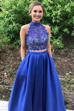 Two Piece Royal Blue High Neck Sleeveless Satin Floor Length Lace Prom Dresses N420