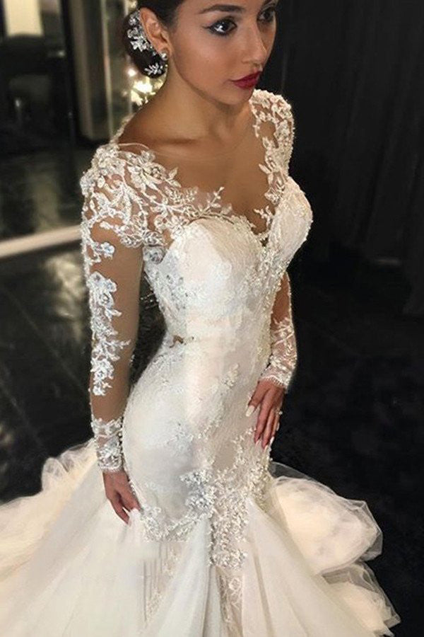 Long Sleeves Wedding Dress,Gorgeous Court Train Wedding Gown,Ivory Wedding Dress With Lace Appliques,Mermaid V-neck Bridal Dresses