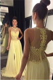 A Line Jewel Sleeveless Appliqued Prom Dress with Beading,Yellow Chiffon Evening Dress N828