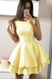 Yellow Two Tiers Sleeveless Satin Mini Party Dress, A Line Short Prom Gowns N2059