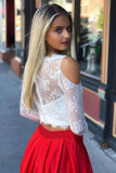 Two Piece Cold Shoulder Prom Dresses with Lace Long Sleeve Red Satin Party Dresses N1550