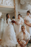 A Line Ivory Sweep Train Tulle Long Sleeves Long Beach Wedding Dresses with Ruffles N2211