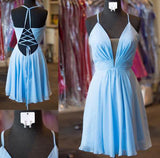 A Line Halter Criss-Cross Straps Blue Chiffon Homecoming Dress with Pleats