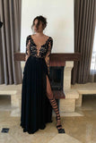 Sexy Long Sleeves Side Slit Chffion Prom Dress with Lace Appliques N829