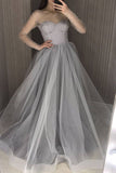 Long Sleeves Evening Dress Grey A Line Pearls Tulle Long Prom Dress